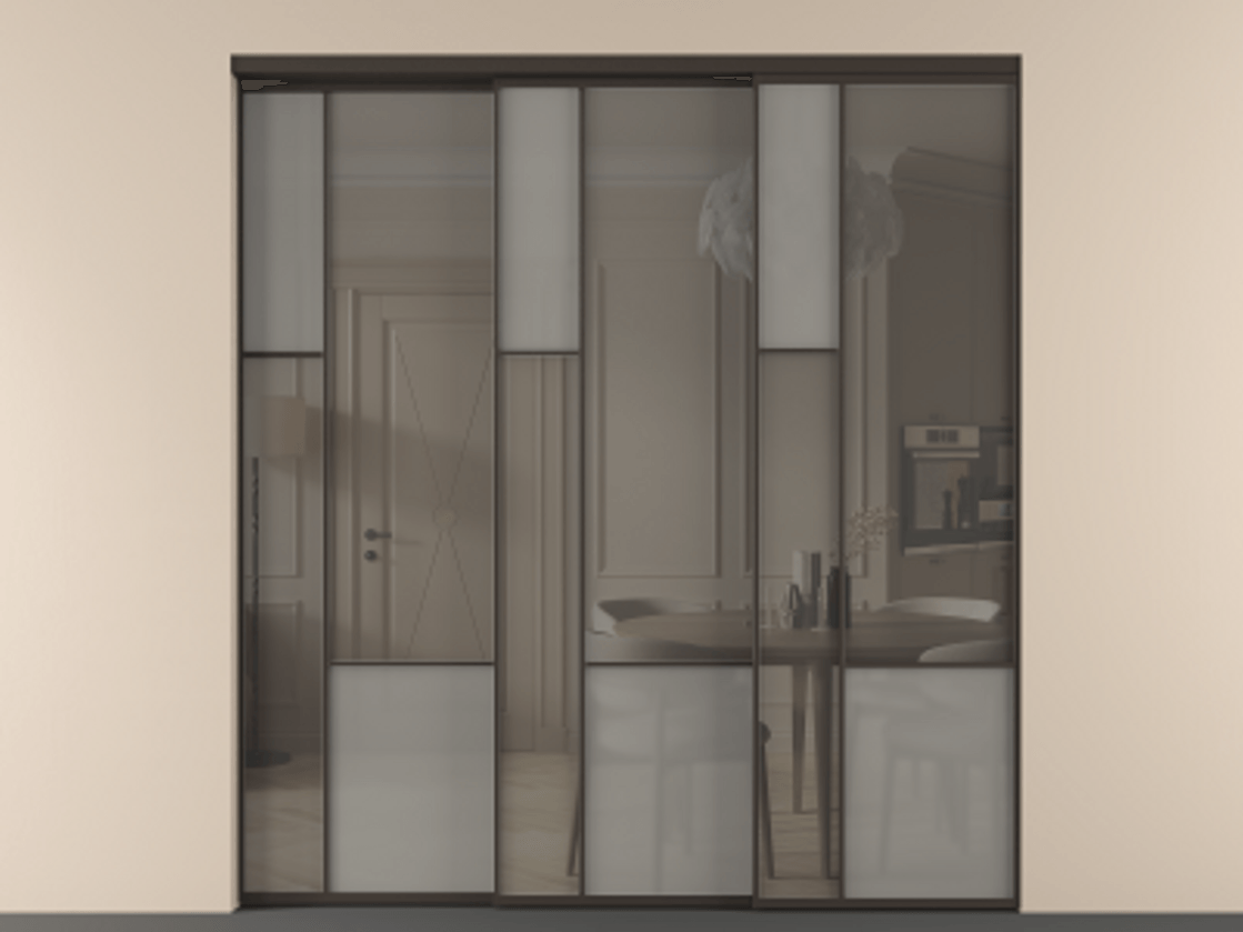 Перегородка Мозаик внутри проёма 3 створки с синхронным механизмом АЛПР 041.13 Алюминий антрацит Сатинированное серое стекло, триплекс, 6 мм + Прозрачное серое стекло, триплекс Цена 3306668 ₸ | Volhovec