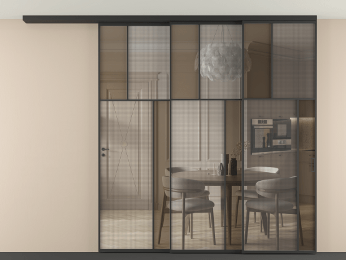 Перегородка Mosaic вдоль стены телескопик синхро-3 АЛПР 041.23 Алюминий Черный Mesh silver + Бронза прозрачное триплекс Цена 2699670 ₸ | Volhovec