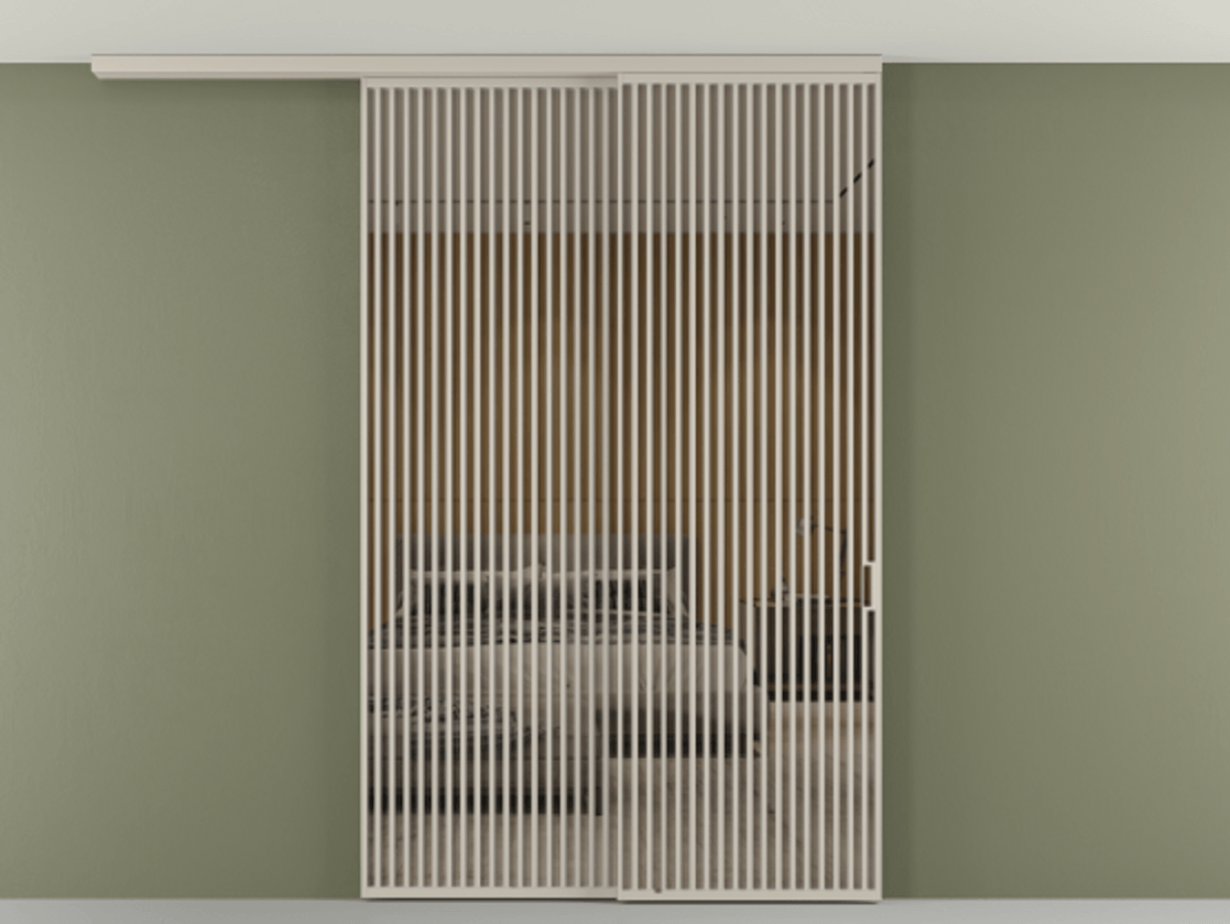 Перегородка Формато вдоль стены на потолок 2 створки с синхронным механизмом АЛПР 040.06 Алюминий светло-бежевый Рефлективное бронзовое стекло "Стопсол", калёное Цена 3502215 ₸ | Volhovec