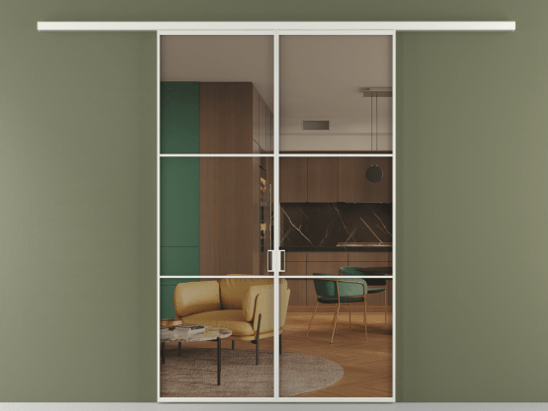 Перегородка Формато вдоль стены 2 створки АЛПР 040.03 Алюминий серый Прозрачное бронзовое стекло, триплекс Цена 1477602 ₸ | Volhovec