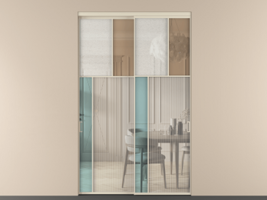 Перегородка Mosaic внутри проёма 2 створки АЛПР 041.22 Алюминий бежево-серый Комбинация стекол Группы 1 и Группы 3 Цена 3158400 ₸ | Volhovec