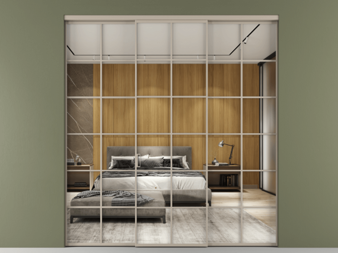 Перегородка Formato внутри проёма 3 створки АЛПР 040.05 Алюминий бисквитный Двустороннее зеркало, триплекс , триплекс 6 мм Цена 1667700 ₸ | Volhovec