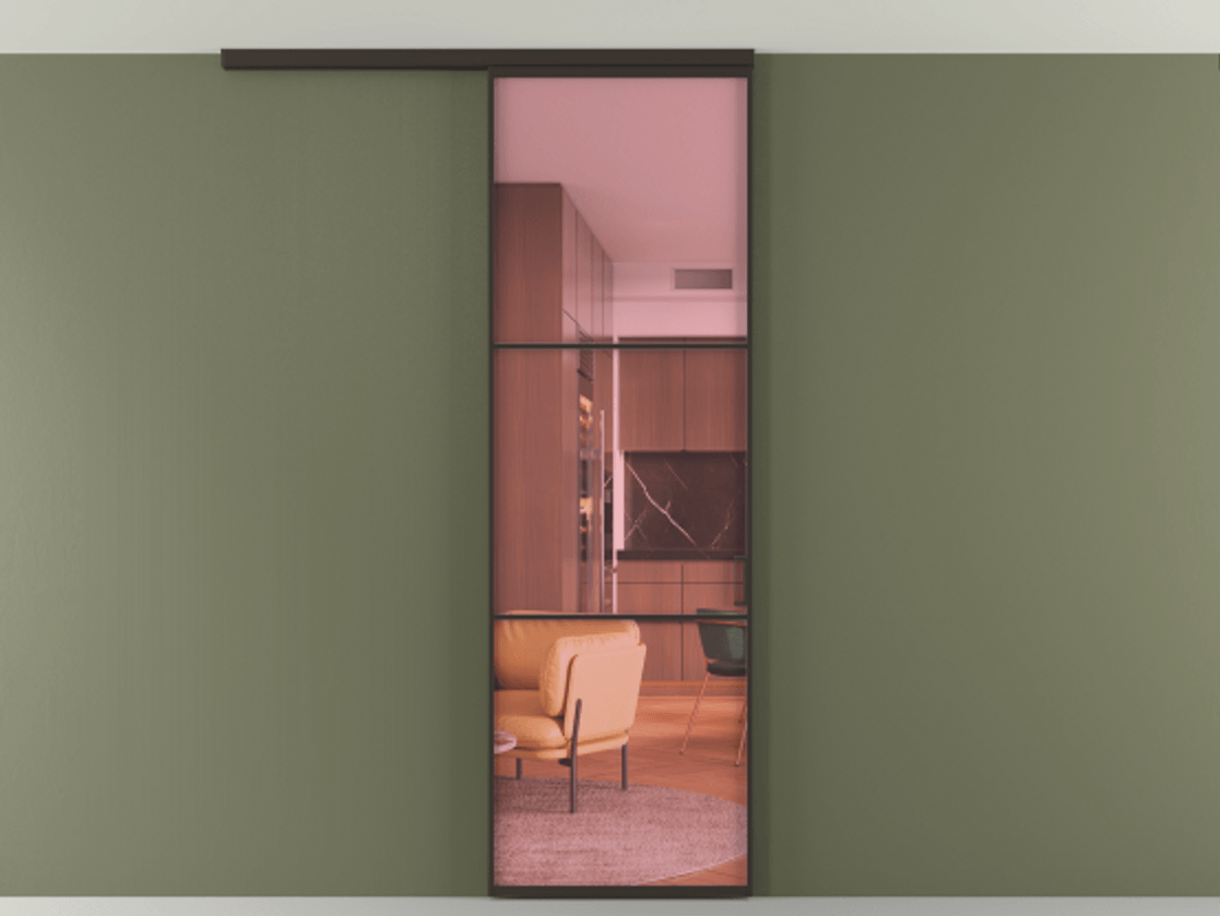 Перегородка Formato вдоль стены на потолок 1 створка АЛПР 040.03 Алюминий антрацит Прозрачное розовое стекло, триплекс Цена 630200 ₸ | Volhovec