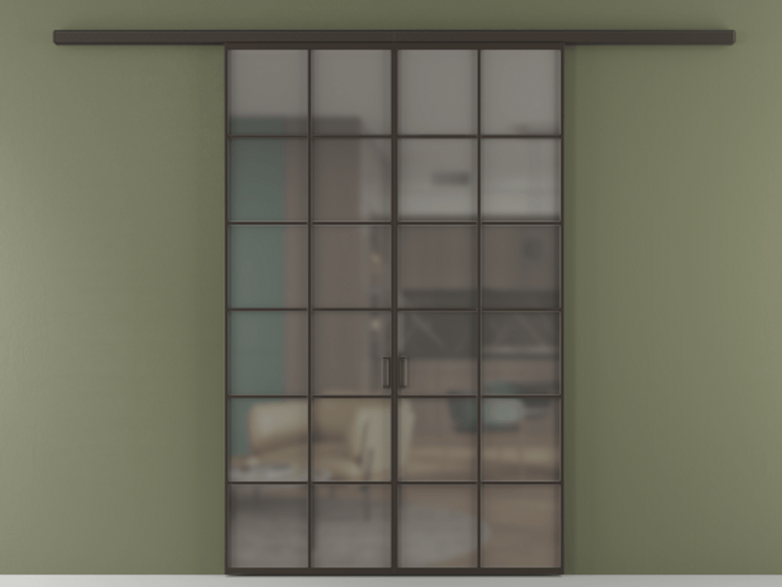 Перегородка Formato вдоль стены 2 створки АЛПР 040.05 Алюминий антрацит Сатинированное серое стекло, триплекс Цена 1879416 ₸ | Volhovec