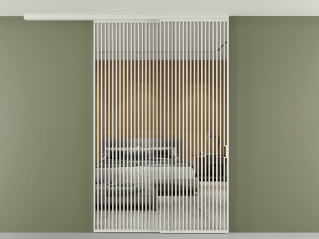 Перегородка Формато вдоль стены на потолок 2 створки с синхронным механизмом АЛПР 040.06 Алюминий серый Двустороннее зеркало, триплекс , триплекс 6 мм Цена 3405447 ₸ | Volhovec