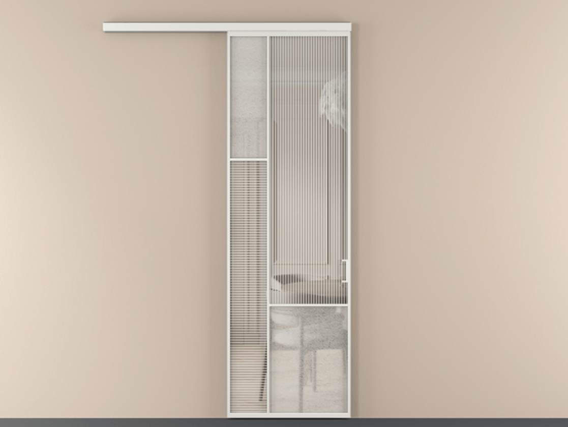 Перегородка Mosaic вдоль стены 1 створка АЛПР 041.13 Алюминий белоснежный Рифлёное стекло "Дюна", триплекс, 6 мм + Фактурное стекло "Лёд", триплекс Цена 904990 ₸ | Volhovec