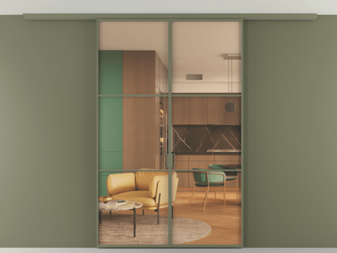 Перегородка Формато вдоль стены на потолок 2 створки АЛПР 040.03 Алюминий оливковый тёмный Прозрачное оранжевое стекло, триплекс Цена 1473263 ₸ | Volhovec