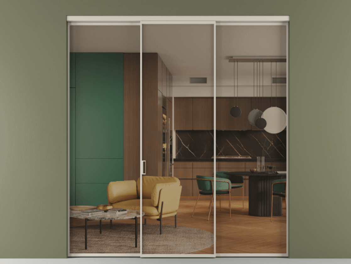 Перегородка Formato внутри проёма 3 створки АЛПР 040.01 Алюминий светло-бежевый Прозрачное бронзовое стекло, триплекс Цена 1470020 ₸ | Volhovec