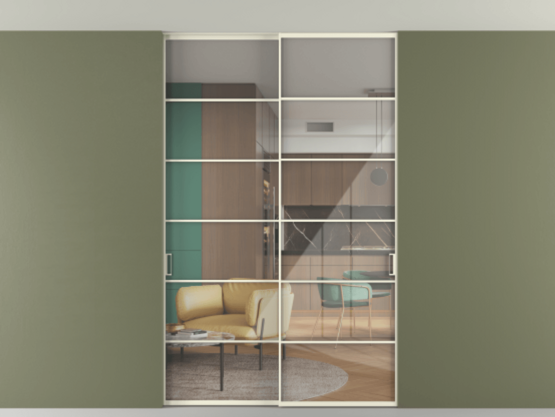 Перегородка Формато внутри проёма скрытое крепление в потолок 2 створки АЛПР 040.04 Алюминий молочно-белый Рефлективное прозрачное стекло "Стопсол", калёное Цена 2439461 ₸ | Volhovec