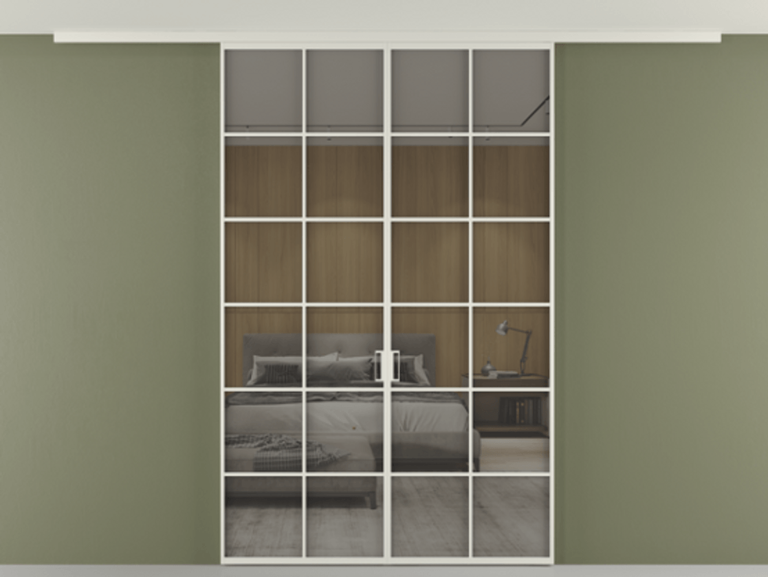 Перегородка Формато вдоль стены на потолок 2 створки АЛПР 040.05 Алюминий Белый Рефлективное серое стекло "Стопсол", калёное Цена 1898921 ₸ | Volhovec