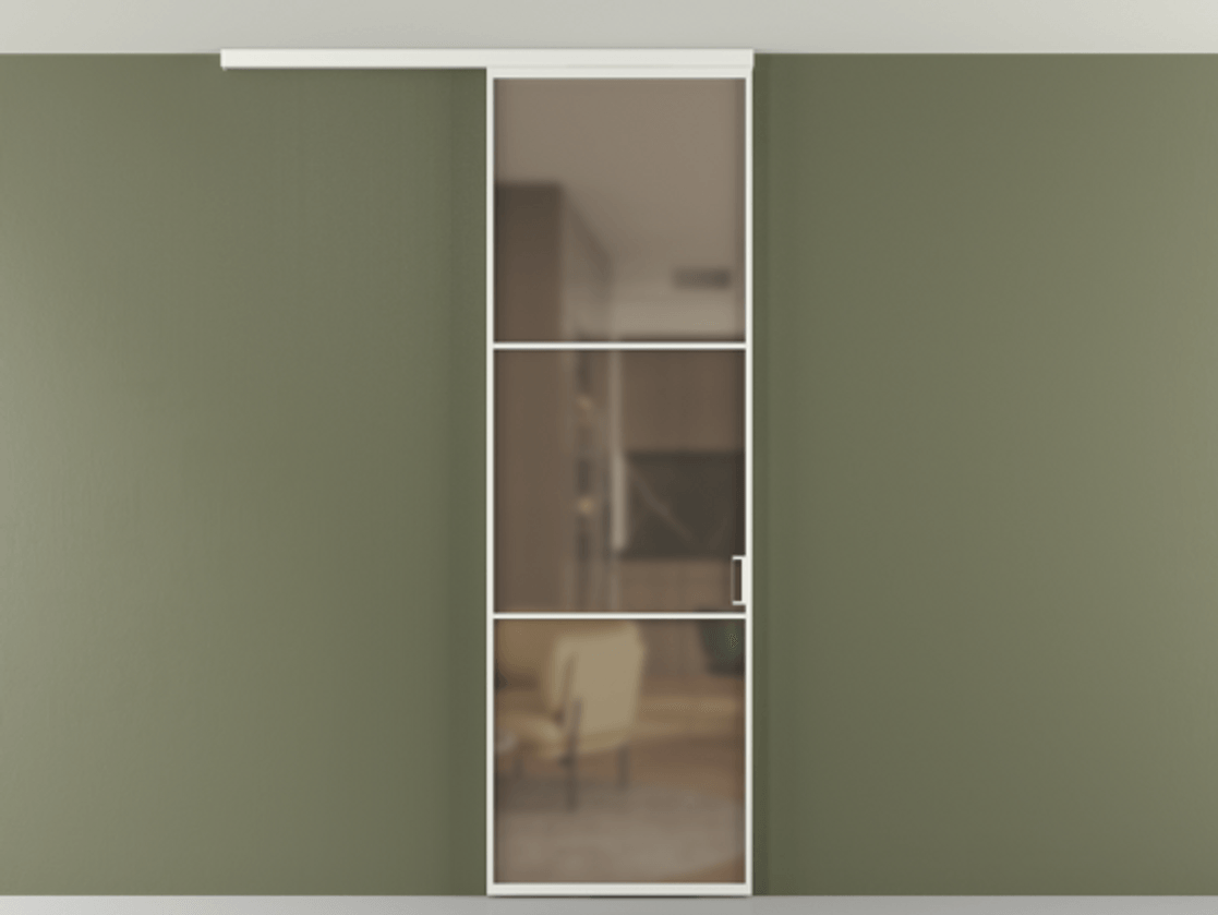 Перегородка Формато вдоль стены на потолок 1 створка АЛПР 040.03 Алюминий светло-серый Сатинированное бронзовое стекло, триплекс Цена 732246 ₸ | Volhovec