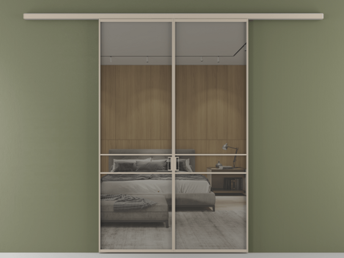 Перегородка Формато вдоль стены 2 створки АЛПР 040.02 Алюминий бисквитный Рефлективное серое стекло "Стопсол", калёное Цена 1882440 ₸ | Volhovec