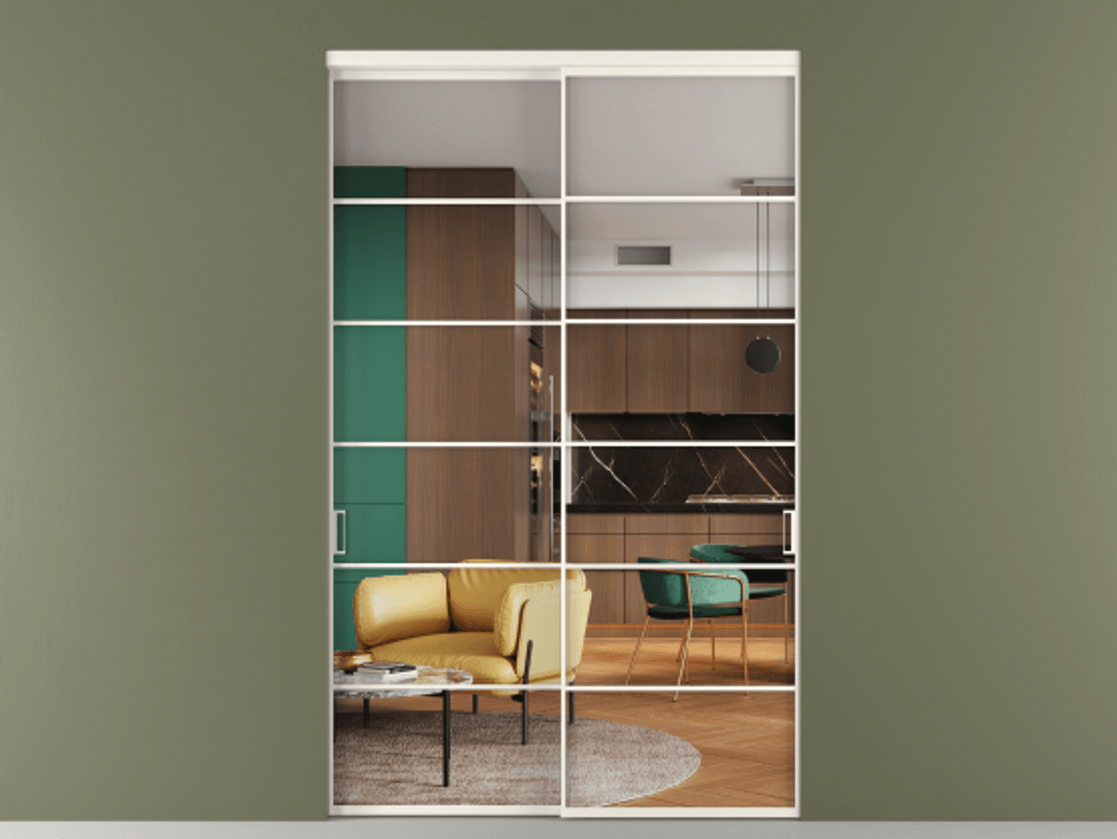 Перегородка Формато внутри проёма 2 створки АЛПР 040.04 Алюминий пудровый белый Прозрачное стекло "Кристал Вижн", калёное Цена 3733884 ₸  | Volhovec