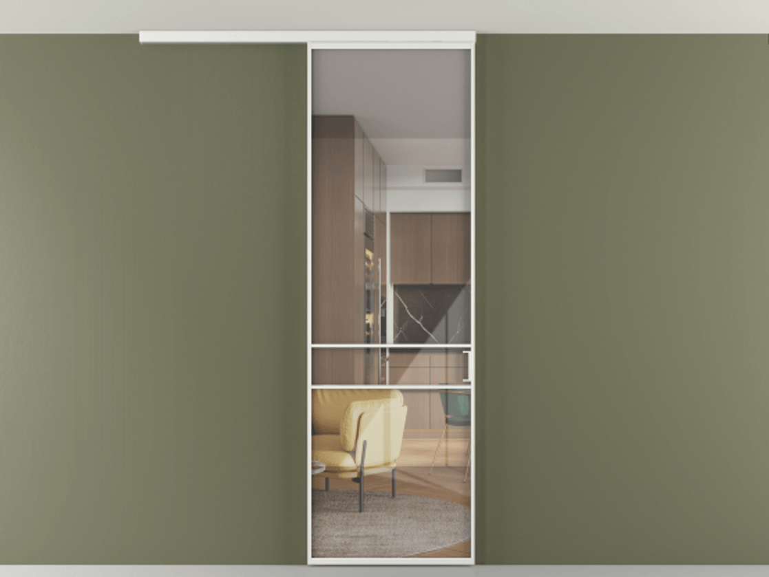 Перегородка Формато вдоль стены на потолок 1 створка АЛПР 040.02 Алюминий белоснежный Рефлективное прозрачное стекло "Стопсол", калёное Цена 811853 ₸ | Volhovec