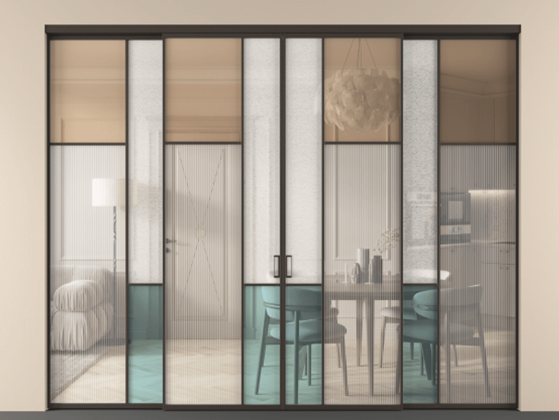 Перегородка Мозаик внутри проёма 4 створки АЛПР 041.11 Алюминий антрацит Комбинация стекол Группы 1 и Группы 3 Цена 3665995 ₸ | Volhovec