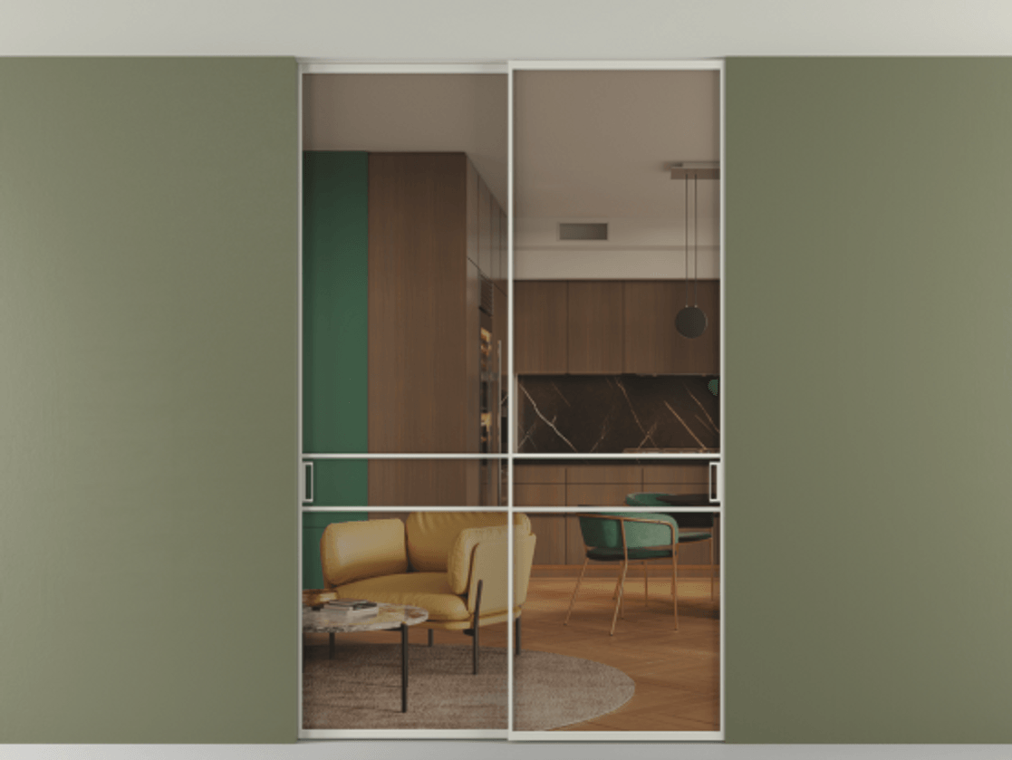 Перегородка Формато внутри проёма скрытое крепление в потолок 2 створки АЛПР 040.02 Алюминий тёплый серый Прозрачное бронзовое стекло, триплекс Цена 1876505 ₸ | Volhovec