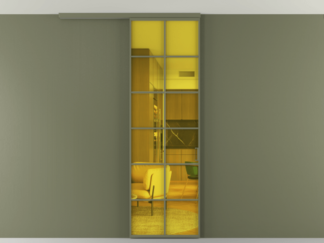 Перегородка Formato вдоль стены на потолок 1 створка АЛПР 040.05 Алюминий оливковый тёмный Прозрачное жёлтое стекло, триплекс Цена 673000 ₸ | Volhovec