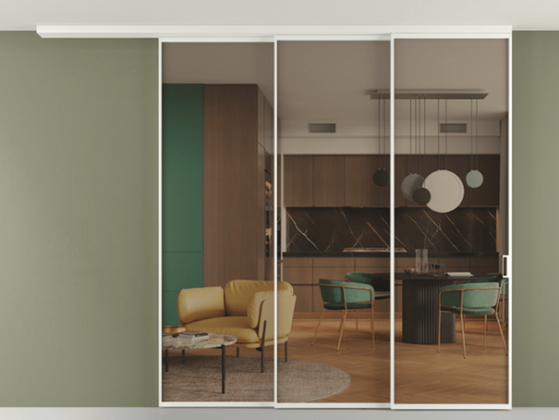 Перегородка Формато вдоль стены на потолок 3 створки с синхронным механизмом АЛПР 040.01 Алюминий светло-серый Прозрачное бронзовое стекло, триплекс Цена 2888736 ₸ | Volhovec