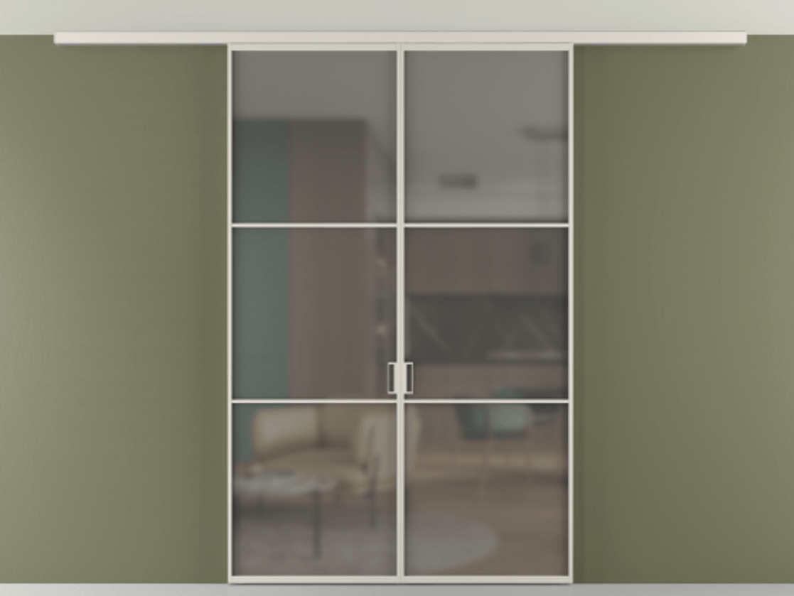 Перегородка Формато вдоль стены на потолок 2 створки АЛПР 040.03 Алюминий облачно-серый Сатинированное серое стекло, триплекс Цена 1723075 ₸ | Volhovec