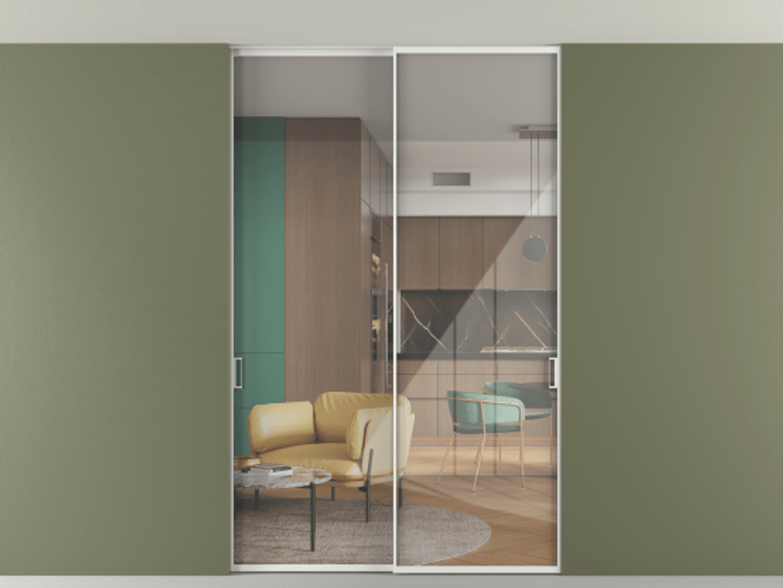 Перегородка Формато внутри проёма скрытое крепление в потолок 2 створки АЛПР 040.01 Алюминий белоснежный Рефлективное прозрачное стекло "Стопсол", калёное Цена 2219918 ₸ | Volhovec