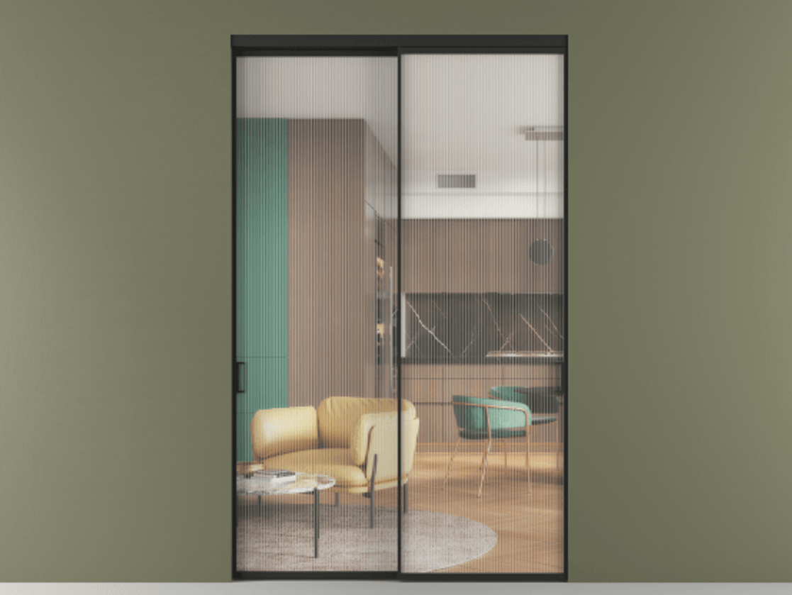 Перегородка Formato внутри проёма двустворчатая АЛПР 040.01 Алюминий Черный Рифлёное стекло "Moru", триплекс Цена 1220540 ₸  | Volhovec