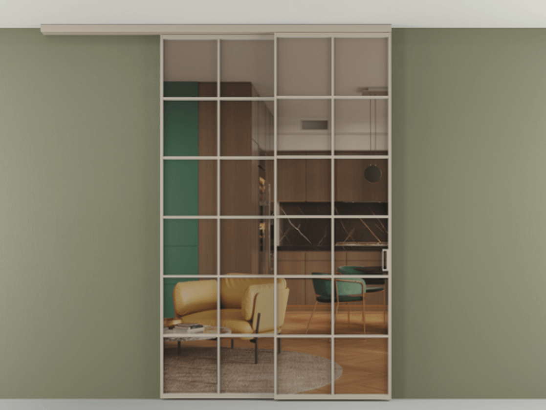 Перегородка Формато вдоль стены на потолок 2 створки с синхронным механизмом АЛПР 040.05 Алюминий бисквитный Прозрачное бронзовое стекло, триплекс Цена 2205282 ₸ | Volhovec