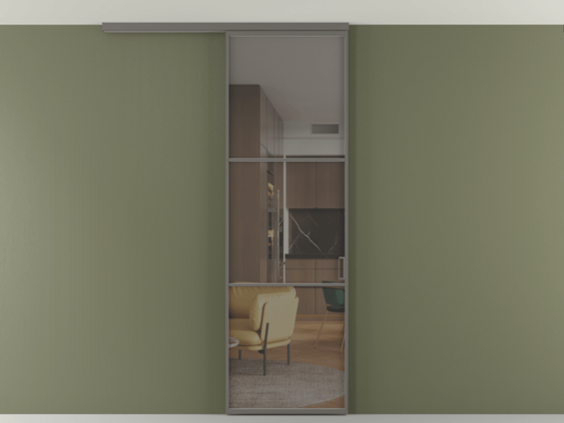 Перегородка Формато вдоль стены на потолок 1 створка АЛПР 040.03 Алюминий классический серый Прозрачное серое стекло, триплекс Цена 763469 ₸ | Volhovec