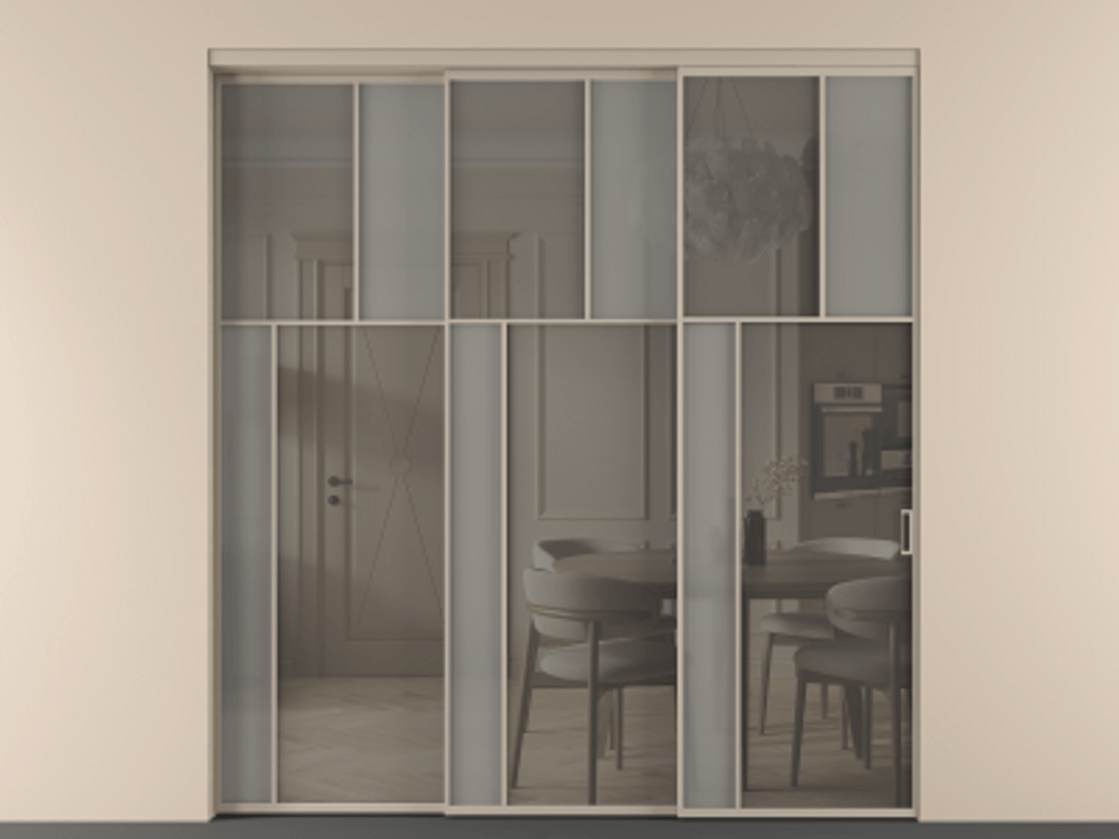 Перегородка Мозаик внутри проёма 3 створки с синхронным механизмом АЛПР 041.22 Алюминий бисквитный Сатинированное серое стекло, триплекс, 6 мм + Прозрачное серое стекло, триплекс Цена 3306668 ₸ | Volhovec