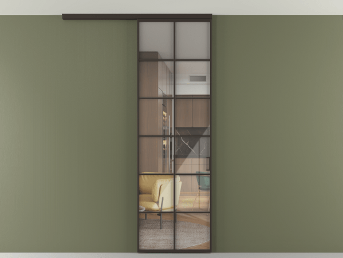 Перегородка Формато вдоль стены на потолок 1 створка АЛПР 040.05 Алюминий антрацит Рефлективное прозрачное стекло "Стопсол", калёное Цена 863745 ₸ | Volhovec