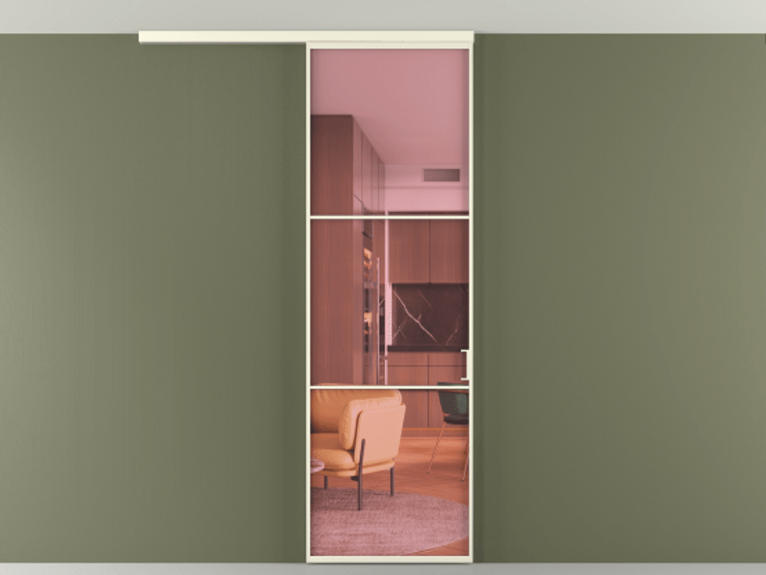 Перегородка Formato вдоль стены на потолок 1 створка АЛПР 040.03 Алюминий молочно-белый Прозрачное розовое стекло, триплекс Цена 630200 ₸ | Volhovec