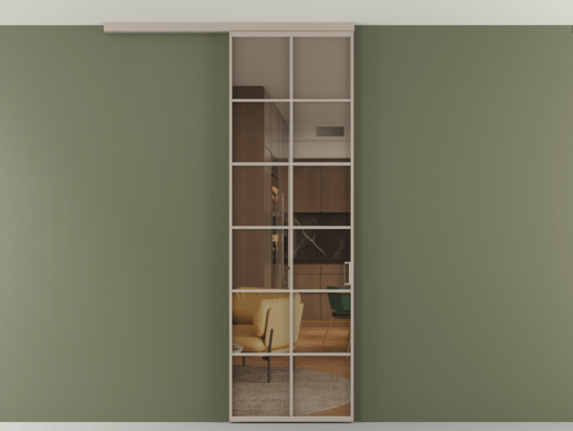 Перегородка Формато вдоль стены на потолок 1 створка АЛПР 040.05 Алюминий бисквитный Прозрачное бронзовое стекло, триплекс Цена 815361 ₸ | Volhovec