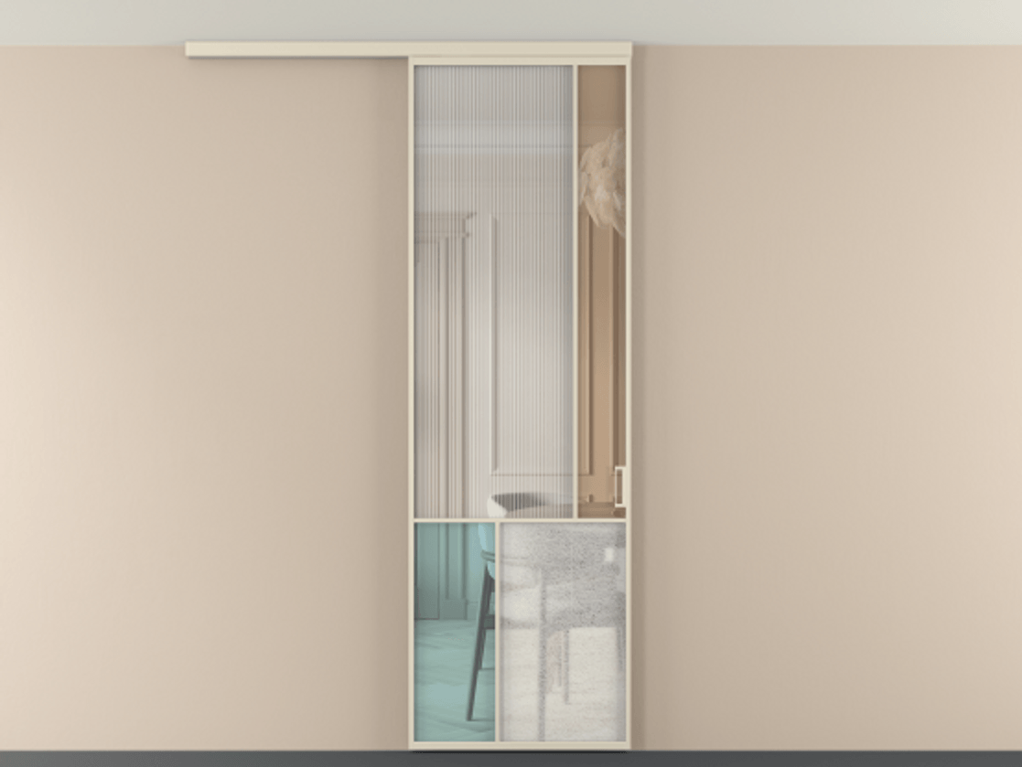 Перегородка Мозаик вдоль стены на потолок 1 створка АЛПР 041.21 Алюминий бежево-серый Комбинация стекол Группы 1 и Группы 3 Цена 1066262 ₸ | Volhovec