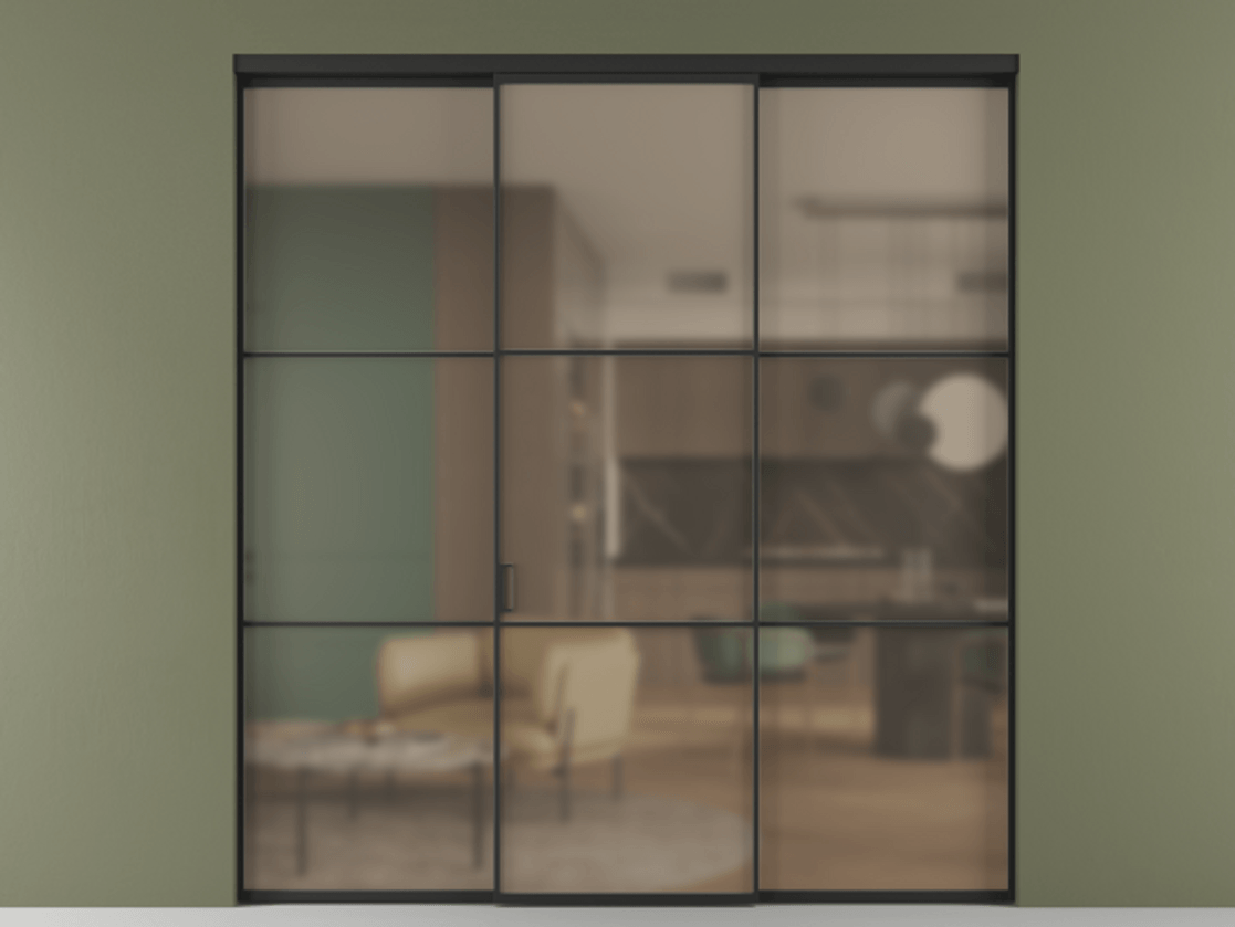 Перегородка Formato внутри проёма трёхстворчатая АЛПР 040.03 Алюминий Черный Сатинированное бронзовое стекло, триплекс Цена 1655470 ₸ | Volhovec