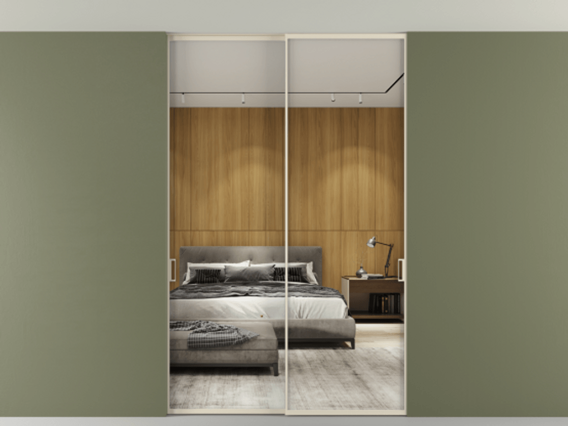 Перегородка Формато внутри проёма скрытое крепление в потолок 2 створки АЛПР 040.01 Алюминий бежево-серый Двустороннее зеркало, триплекс , триплекс 6 мм Цена 1809146 ₸ | Volhovec