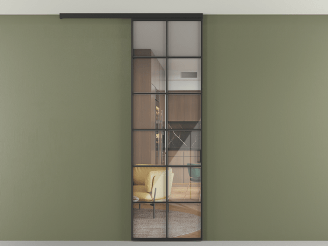 Перегородка Формато вдоль стены на потолок 1 створка АЛПР 040.05 Алюминий Черный Рефлективное прозрачное стекло "Стопсол", калёное Цена 975164 ₸ | Volhovec