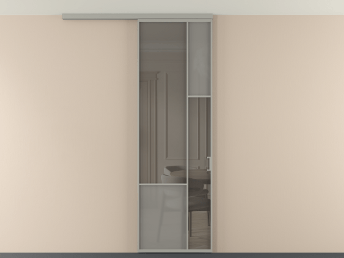 Перегородка Мозаик вдоль стены на потолок 1 створка АЛПР 041.12 Алюминий нейтральный серый Сатинированное серое стекло, триплекс, 6 мм + Прозрачное серое стекло, триплекс Цена 1020902 ₸ | Volhovec