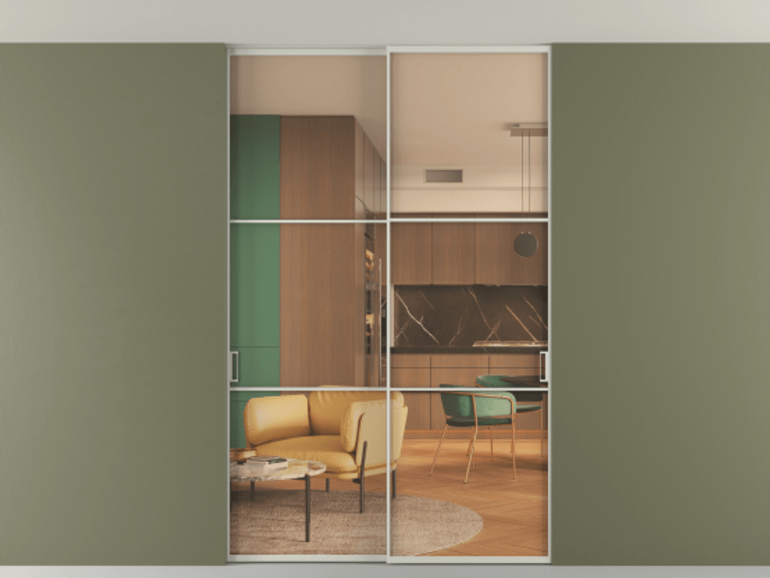 Перегородка Формато внутри проёма скрытое крепление в потолок 2 створки АЛПР 040.03 Алюминий тёплый серый Прозрачное оранжевое стекло, триплекс Цена 1876505 ₸ | Volhovec