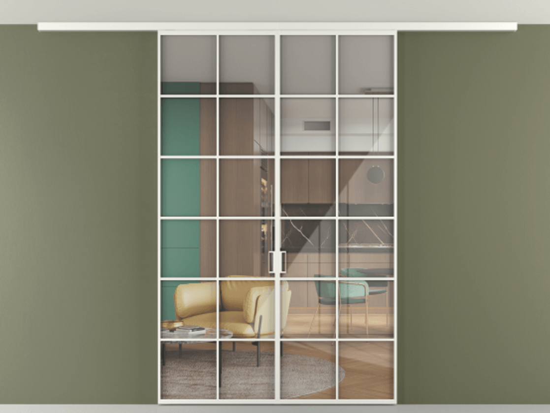 Перегородка Формато вдоль стены на потолок 2 створки АЛПР 040.05 Алюминий светло-серый Рефлективное прозрачное стекло "Стопсол", калёное Цена 1973765 ₸ | Volhovec