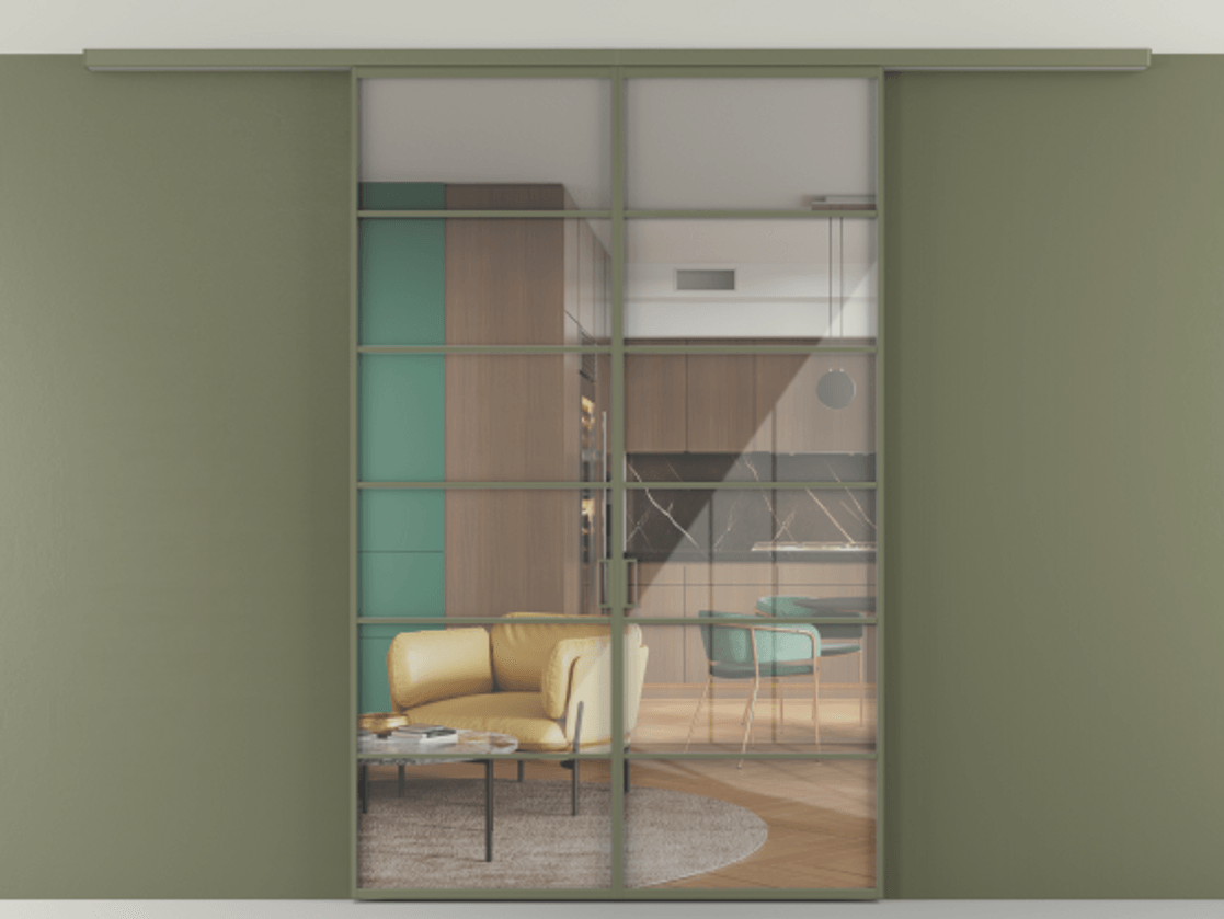 Перегородка Формато вдоль стены на потолок 2 створки АЛПР 040.04 Алюминий оливковый тёмный Рефлективное прозрачное стекло "Стопсол", калёное Цена 1973765 ₸ | Volhovec