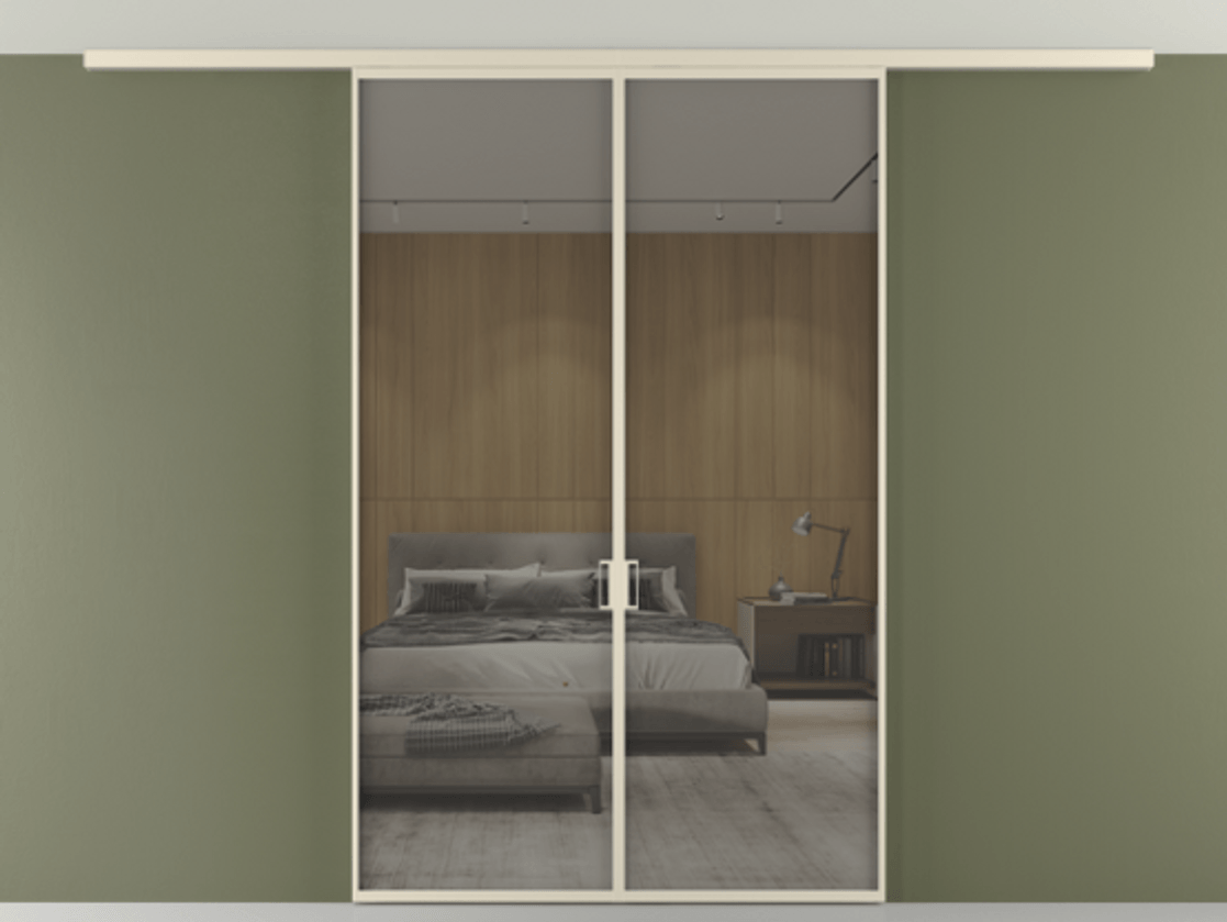 Перегородка Формато вдоль стены на потолок 2 створки АЛПР 040.01 Алюминий бежево-серый Рефлективное серое стекло "Стопсол", калёное Цена 1754222 ₸ | Volhovec