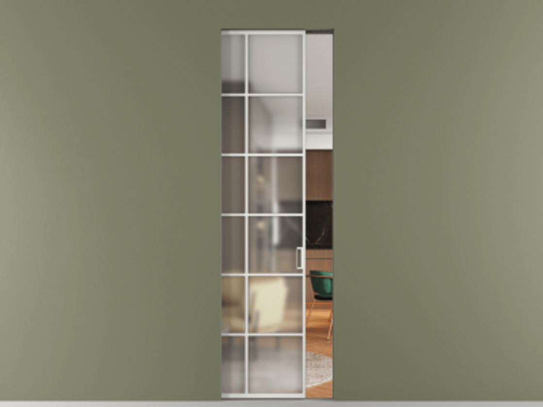 Перегородка Формато скрытый пенал 1 створка АЛПР 040.05 Алюминий светло-серый Сатинированное стекло "Мателюкс Кристал Вижн", калёное, матовое, каленое 6 мм Цена 1270231 ₸ | Volhovec