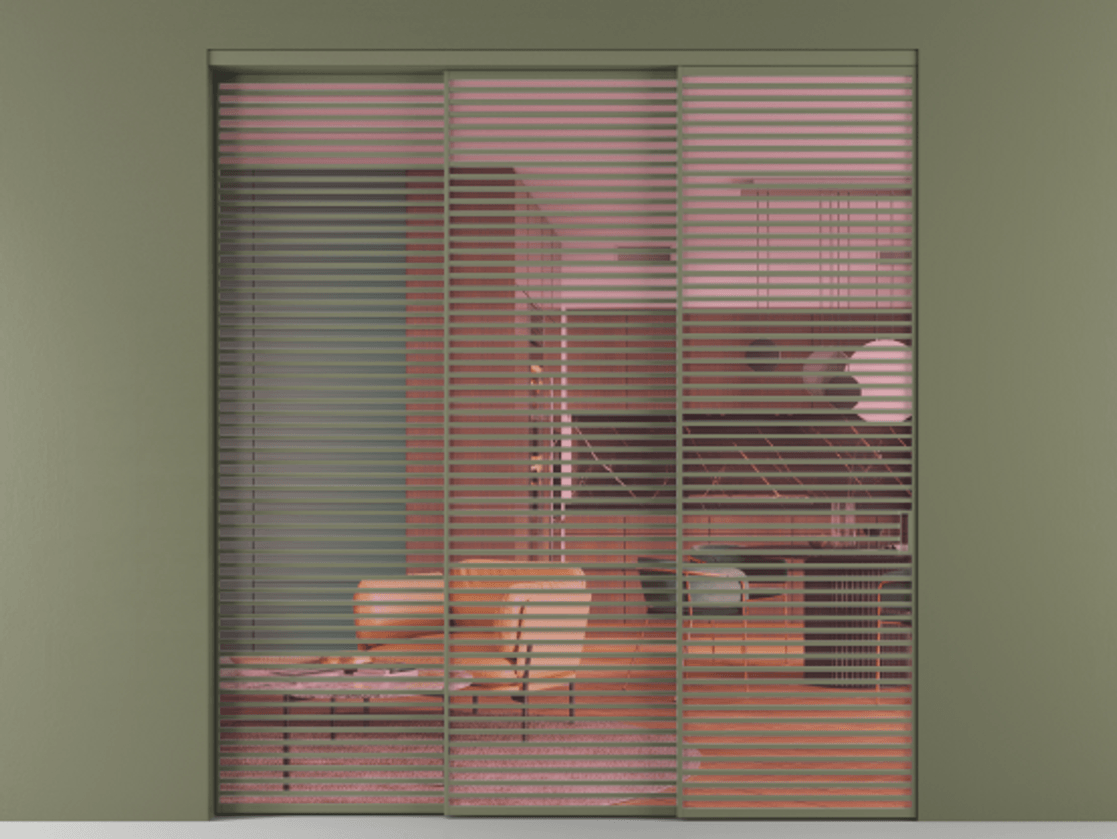 Перегородка Formato внутри проёма 3 створки с синхронным механизмом АЛПР 040.07 Алюминий оливковый тёмный Прозрачное розовое стекло, триплекс Цена 3617600 ₸  | Volhovec