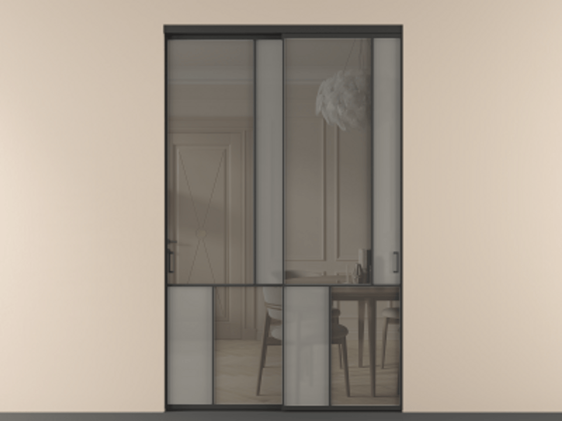 Перегородка Мозаик внутри проёма 2 створки АЛПР 041.21 Алюминий Черный Сатинированное серое стекло, триплекс, 6 мм + Прозрачное серое стекло, триплекс Цена 3557585 ₸ | Volhovec