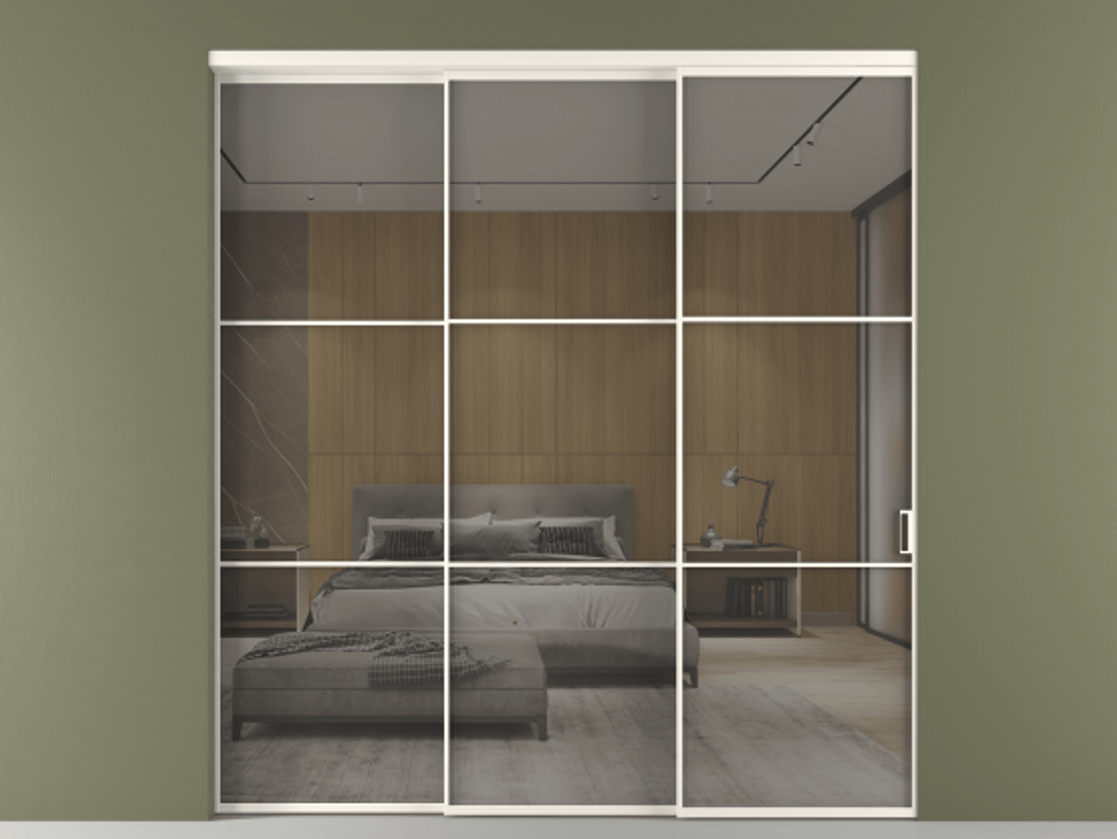 Перегородка Формато внутри проёма 3 створки с синхронным механизмом АЛПР 040.03 Алюминий пудровый белый Рефлективное серое стекло "Стопсол", калёное Цена 2311016 ₸  | Volhovec