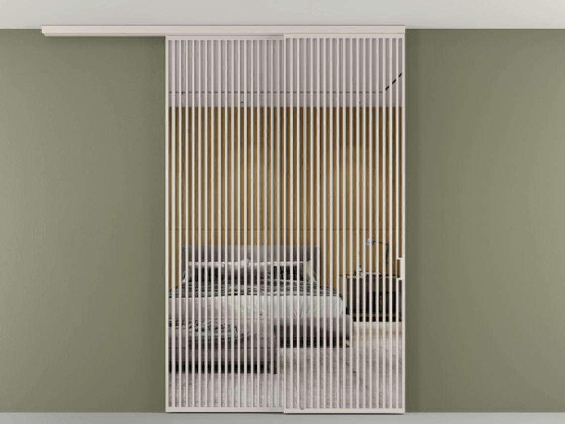 Перегородка Формато вдоль стены на потолок 2 створки с синхронным механизмом АЛПР 040.06 Алюминий облачно-серый Двустороннее зеркало, триплекс , триплекс 6 мм Цена 3405447 ₸ | Volhovec