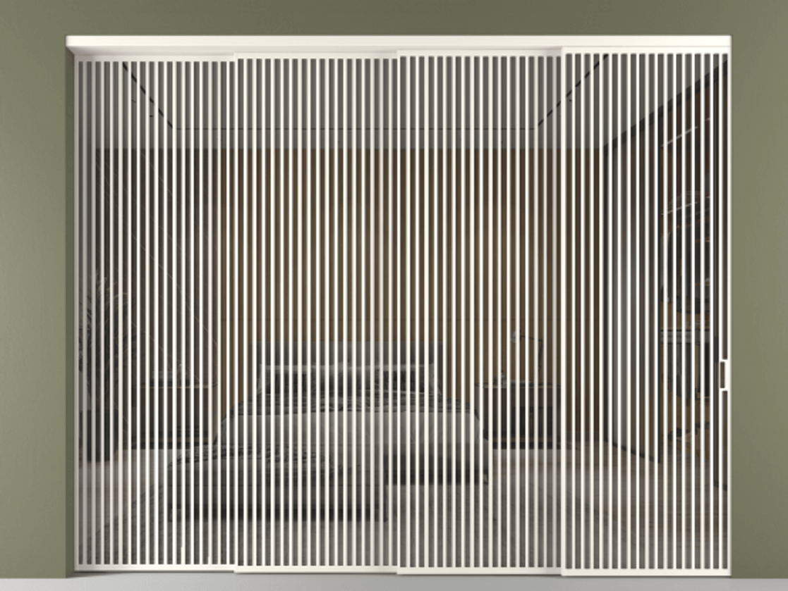 Перегородка Формато внутри проёма 4 створки с синхронным механизмом АЛПР 040.06 Алюминий пудровый белый Рефлективное серое стекло "Стопсол", калёное Цена 7165368 ₸ | Volhovec