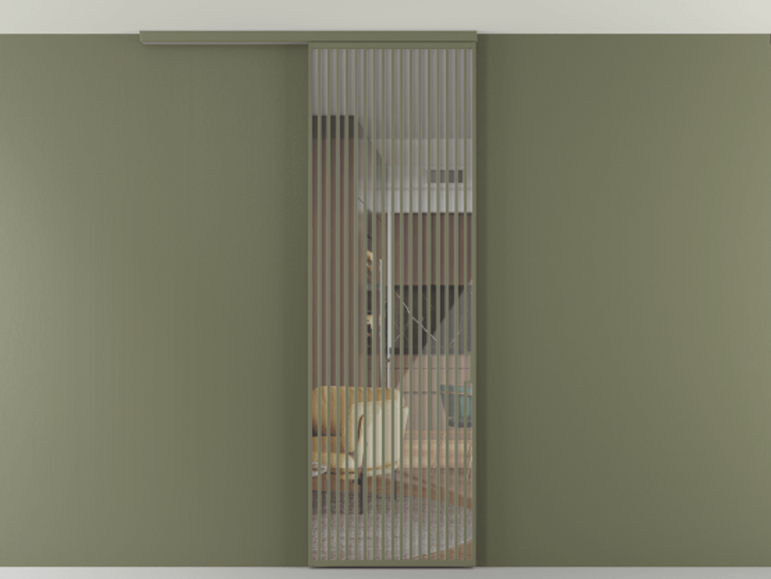 Перегородка Формато вдоль стены на потолок 1 створка АЛПР 040.06 Алюминий оливковый тёмный Рефлективное прозрачное стекло "Стопсол", калёное Цена 1463828 ₸ | Volhovec