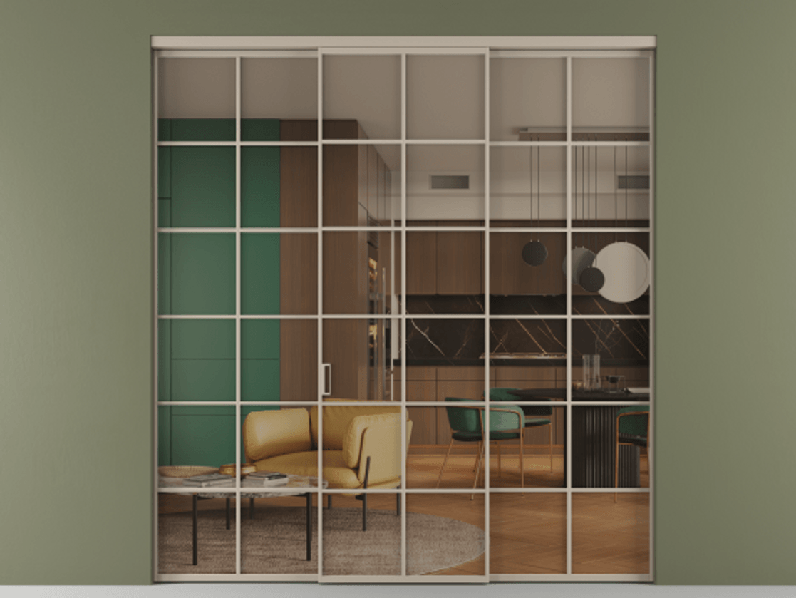 Перегородка Formato внутри проёма 3 створки АЛПР 040.05 Алюминий бисквитный Прозрачное бронзовое стекло, триплекс Цена 1667700 ₸ | Volhovec