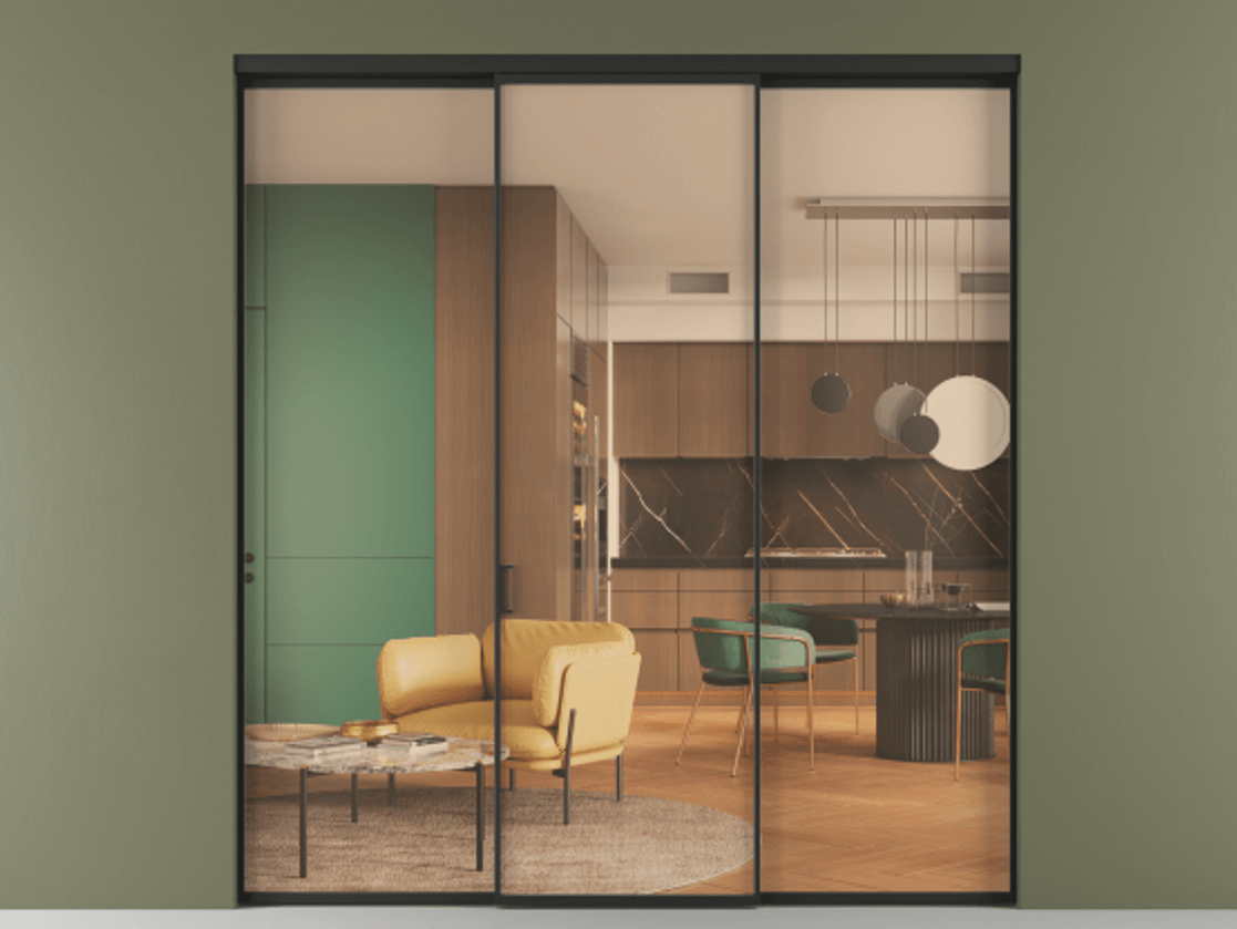 Перегородка Formato внутри проёма 3 створки АЛПР 040.01 Алюминий Черный Прозрачное оранжевое стекло, триплекс Цена 1635039 ₸ | Volhovec