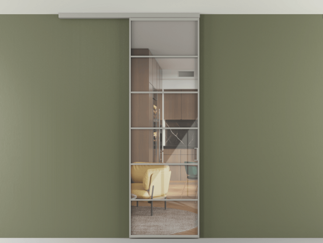 Перегородка Формато вдоль стены на потолок 1 створка АЛПР 040.04 Алюминий нейтральный серый Рефлективное прозрачное стекло "Стопсол", калёное Цена 863745 ₸ | Volhovec